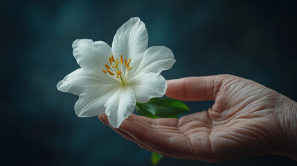 senior woman’s hand gently holds a solitary white flower, symbolizing purity, peace, and resilience. The delicate flower contrasts with aged skin, evoking themes of life’s fragility and enduring beaut