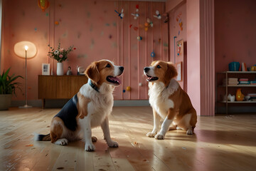 Prompt for Lovely two puppies play happily in the studio which include pink wall and floor with tubes and circle and