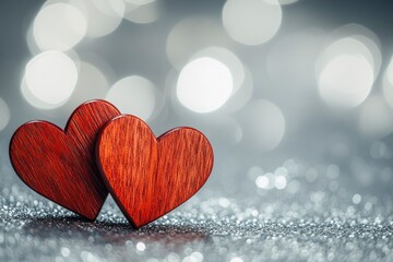 Two Red Wooden Interlocking Hearts On Silver Glitter With Heart Shaped Bokeh Background - Valentine's Day / Marriage Concept with generative ai