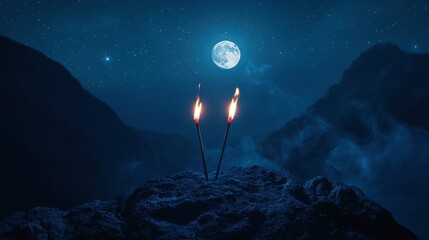Two Romantic Matchsticks Burning In Love Sitting On Mountain Top Under Starry Moonlit Sky - Love And Romance Concept with generative ai