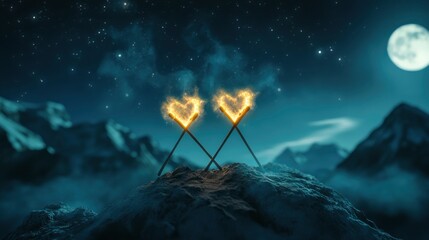 Two Romantic Matchsticks Burning In Love Sitting On Mountain Top Under Starry Moonlit Sky - Love And Romance Concept with generative ai