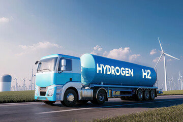 A hydrogen fuel truck traveling through a field of wind turbines and solar panels, representing renewable energy and sustainable fuel sources in a modern landscape.