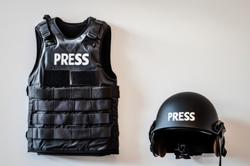 a press vest and a helmet with the inscription PRESS .