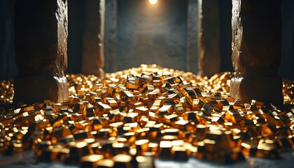 Glistening gold nuggets scattered across a dimly lit treasure room