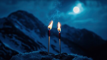 Two Romantic Matchsticks Burning In Love Sitting On Mountain Top Under Starry Moonlit Sky - Love And Romance Concept with generative ai