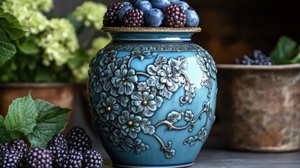 Wall Mural - An ornate Art Nouveau blueberry jam jar with intricate patterns and vintage elegance.