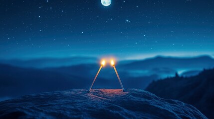 Two Romantic Matchsticks Burning In Love Sitting On Mountain Top Under Starry Moonlit Sky - Love And Romance Concept with generative ai