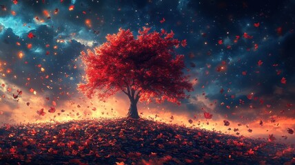 A surreal dreamlike maple tree with floating leaves, imaginative colors, whimsical shapes, and an otherworldly atmosphere creating a fantasy scene.