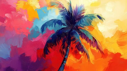 Wall Mural - Bold Abstract Expressionism style illustration of a coconut tree with expressive strokes and colors.