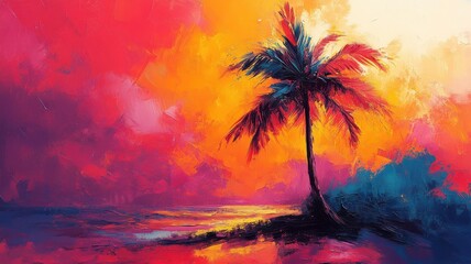 Wall Mural - Bold Abstract Expressionism style illustration of a coconut tree with expressive strokes and colors.