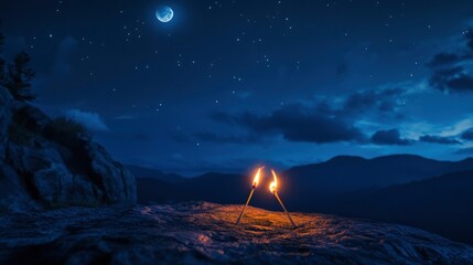 Two Romantic Matchsticks Burning In Love Sitting On Mountain Top Under Starry Moonlit Sky - Love And Romance Concept with generative ai