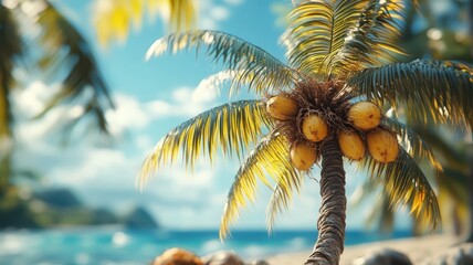 Wall Mural - Stylized 3D style illustration of a coconut tree with exaggerated features and depth.