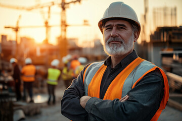 an experienced construction manager portrait, construction in background, labor day 