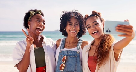 Poster - Happy women, friends and beach with peace sign for selfie, holiday or summer vacation together in nature. Young, group or female person with smile, hug or emoji for picture or memory by ocean coast