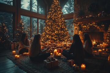 family gathered around a christmas tree