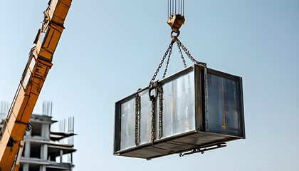 Wall Mural - Construction crane hoisting a large rectangular metal box with visible chain and hook above a partially constructed building