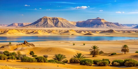 Scenic landscape of the desert in Egypt with Wadi El Rayan and the El Fayoum mountains in the background