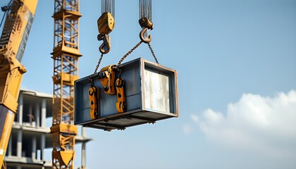 Construction crane hoisting a large rectangular metal box with visible chain and hook above a partially constructed building