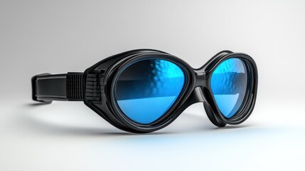 Stylish black goggles with blue lenses for water activities.