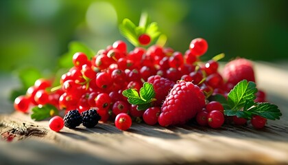 Wall Mural - Vibrant Red Berries on Wooden Surface with Blurred Green Background for Refreshing Summer Food and Drink Inspiration