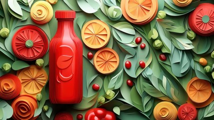 A paper art style tomato ketchup bottle with layered cuts and soft shadows, rich in red tones.