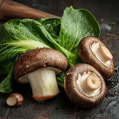 Wall Mural - Fresh brown mushrooms with green leaves on rustic background.