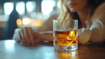 woman gazes down while holding a glass of whiskey, symbolizing emotional turmoil, depression, and the struggles of coping with inner conflict and life's hardships