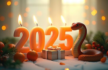 Wall Mural - View straight small volumetric letters
“2025” made of candles with fire on top, light background, fir branches, New Year’s balls, garlands, tangerines, close-up on the right in the picture