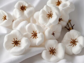 Wall Mural - White cotton flowers on white cotton fabric background for sustainable fashion or organic products. Eco-friendly textile. Environmentally conscious choice. cotton fabric textile	