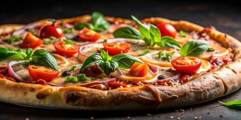 extreme close up of gourmet wholemeal pizza on black background, healthy eating, diet, gourmet food