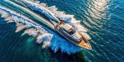 Aerial view of a speed motor boat zipping across the open sea, speed, motor boat, aerial view, open sea, water, fast