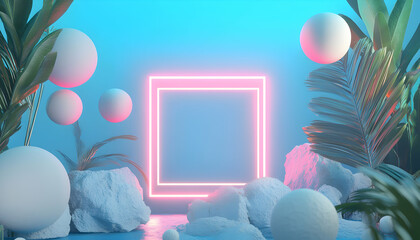 Wall Mural - Abstract neon glowing frame with white spheres and palm leaves in a surreal blue and pink background.