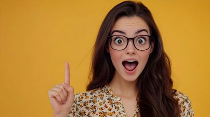 A surprised woman with glasses points her finger up.