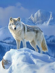 Wall Mural - A lone white wolf stands on a snowy mountain peak, gazing out at the vast wilderness.