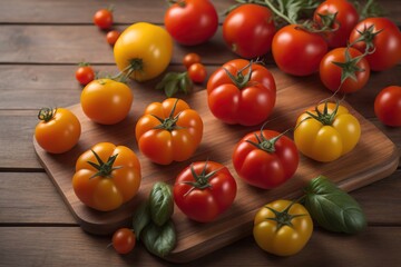 Tomatoes on a wooden table on a dark background. ai generative