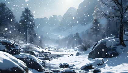 Wall Mural - Enchanting winter wonderland brought to life with luminous snowflakes and stunning AI-generated landscapes