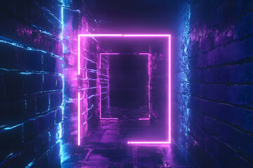 Canvas Print - Neon glow illuminates brick wall hallway, creating abstract modern feel.