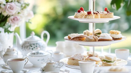 A traditional English afternoon tea set with pastries, cakes, and sandwiches on a tiered serving stand.