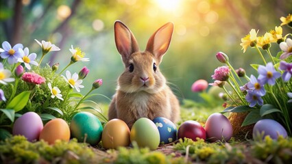 Wall Mural - Adorable Easter bunny surrounded by vibrant eggs and lush greenery, set against a serene spring backdrop with blooming flowers and soft, warm lighting.