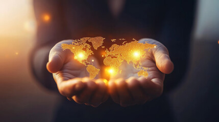 Wall Mural - Hands holding glowing digital world map, symbolizing global connectivity and innovation. warm light reflects sense of opportunity and advancement in technology