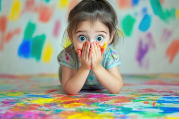 A little girl covering her mouth with both hands