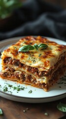 Wall Mural - gourmet lasagna closeup with layers of pasta meat and cheese visible garnished with a fresh basil leaf on a white plate