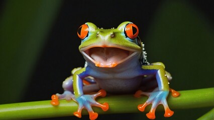 a green frog with orange eyes sits on a branch.