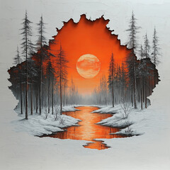 Stunning double exposure of a winter river landscape with a vivid sunset framed in an artistic peeling effect