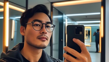 Modern self-expression through technology: a man with glasses taking a mirror selfie with his phone