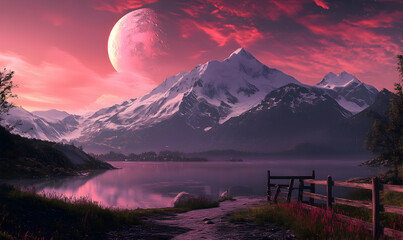 Wall Mural - A breathtaking view of a snowy mountain range with a large moon in the sky, reflecting off a calm lake.