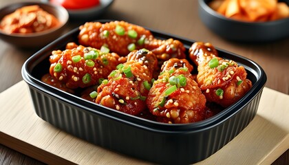 Wall Mural - Ultimate Snack Delight: Korean Spicy Crispy Chicken Wings in Chic Black Container for a Sensory Feast