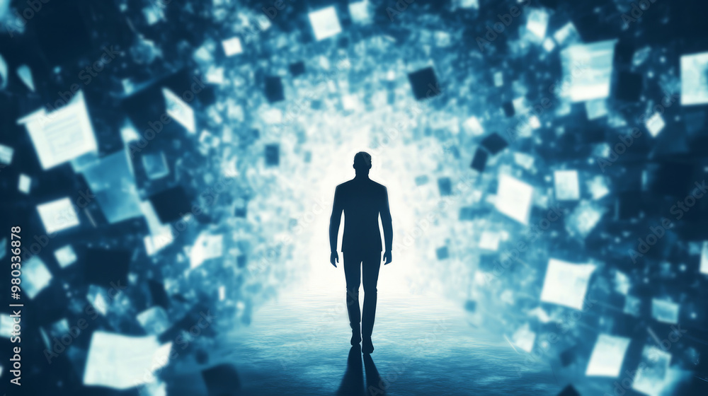 Silhouette Of A Man Walking Towards A Bright Light In A Blue Abstract ...