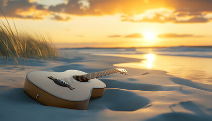 Canvas Print - A guitar rests on a sandy beach with the sun setting in the distance.