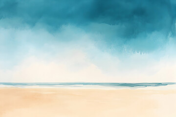 Abstract watercolor painting of a beach with blue sky.